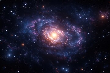 Bright glowing spiral galaxy with swirling arms of stars and cosmic dust surrounded by numerous stars in deep space