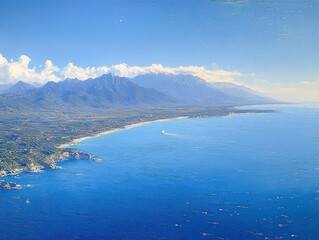 Expansive coastline with deep blue sea, sandy beaches, rugged cliffs, distant mountain range under a clear blue sky with scattered white clouds