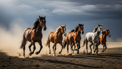 Brown horses, ponies, and a mare with a foal grazing on beautiful green summer grass in a nature field pasture