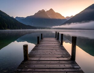 Obraz premium Wooden dock extends into still lake, mountains in background, sunrise glow