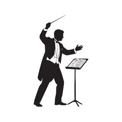Silhouette of an orchestra conductor leading a symphony. Musician in a tuxedo with a baton and music stand, isolated vector graphic.
