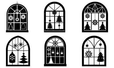 Collection of six arched windows decorated with christmas ornaments in black and white silhouette style