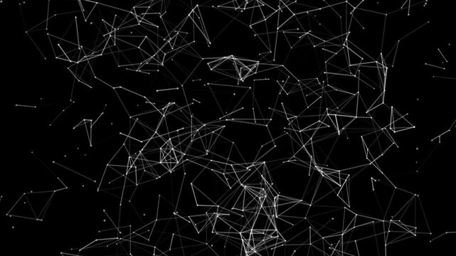 A seamless looping abstract plexus network animation with white lines and dots moving over a black background. Medium-speed motion ideal for technology, digital, futuristic, and sci-fi visual projects