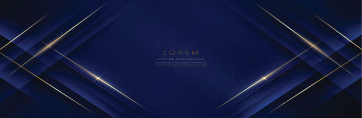 Abstract elegant dark blue background with golden line and lighting effect sparkle. Luxury template design.