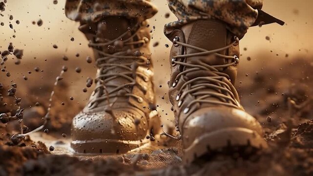 Soldier Boots Marching Through Muddy Terrain.