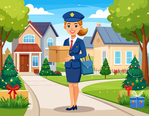 Cartoon illustration of a smiling female postal worker in uniform delivering a package in a suburban neighborhood decorated for Christmas.