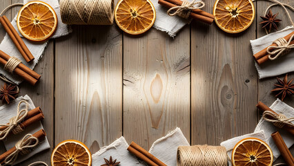 Vintage wooden cart with dried holiday spices, orange slices, and star anise