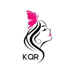 KQR Elegant Woman Beauty Logo. KQR Butterfly  Feminine Salon. KQR Cosmetics & Spa Brand Icon.
