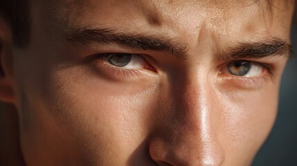 Naklejka premium Close up of a man s intense focused eyes and furrowed brow dramatically lit by sunlight revealing skin texture