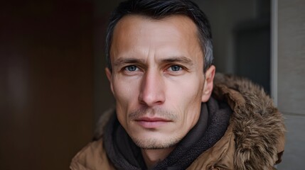 Obraz premium Serious middle aged man in warm winter jacket with fur hood close up portrait in muted light