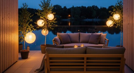 Fototapeta premium Elegant modern outdoor living space with cozy seating and ambient lanterns overlooking a tranquil