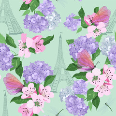 Blooming cherry, hydrangea, gragonflies and butterflies on a turquoise background. Seamless vector illustration. Suitable for decorating textiles and packaging.