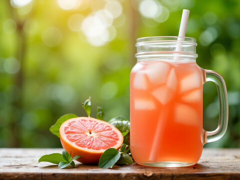 Refreshing grapefruit juice in glass jar with ice on wooden table   - Powered by Adobe
