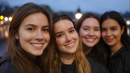 Fototapeta premium Four young women with joyful smiles posing together outdoors during twilight