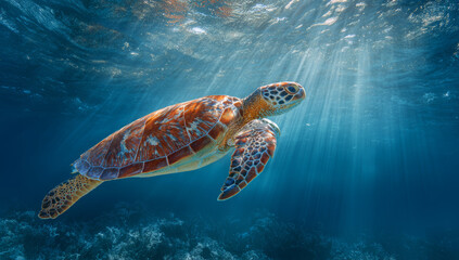 Obraz premium Graceful sea turtle with patterned shell swimming underwater in clear blue ocean illuminated by sun rays penetrating the surface