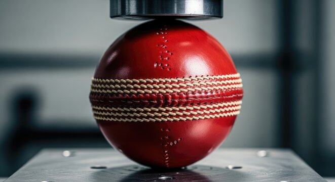 A detailed shot of a red leather ball, meticulously stitched, being compressed by a metallic plate. The lighting highlights its texture and the pressure applied - Powered by Adobe