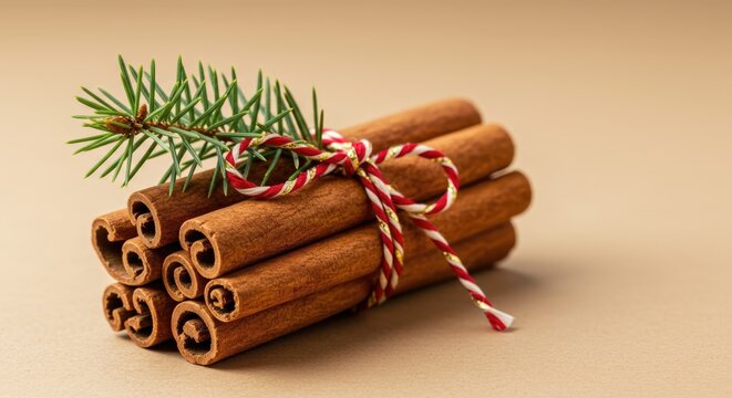 A bundle of aromatic cinnamon sticks tied with festive twine and decorated with a fresh evergreen sprig.