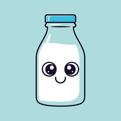 Cute Cartoon Milk Bottle with Kawaii Face and Blue Cap.