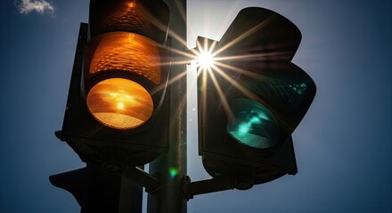 Amber and Green Traffic Lights Silhouetted Against a Brilliant Sunburst in a Deep Blue Sky