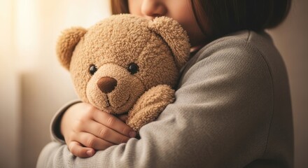 A small child hugs a plush teddy bear close, soft focus, lit by warm, natural light