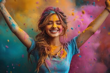 Smiling young woman enjoying vibrant colorful powder explosions with arms raised in joyful celebration
