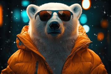 polar bear wearing sunglasses and an orange puffer jacket standing against a blurred night background with bokeh lights