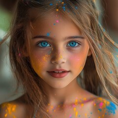 Close-up portrait of a young girl with striking blue eyes and multicolored powder paint on her face and shoulders, conveying innocence and curiosity
