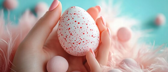 Close-up of delicate hands with pastel pink nails gently holding a white egg with red speckles surrounded by soft pink fluffy feathers and pastel pink spheres against a blue background