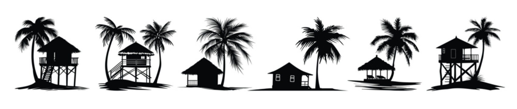 beach cabana and palm tree silhouette clipart set