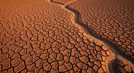 Abstract texture of cracked dry earth in arid desert landscape with a winding path showing severe