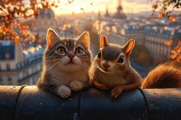 curious kitten and cheerful chipmunk sitting side by side on a railing with beautiful cityscape and warm sunset light in the background