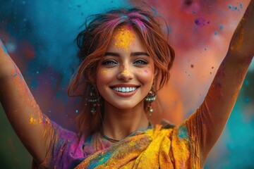 Joyful young woman covered in vibrant colored powder celebrating with arms raised, smiling brightly against a colorful blurred background