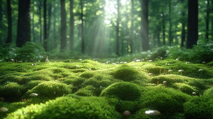 Sunlight filtering through tall forest trees illuminating a lush green mossy forest floor with small mushrooms scattered around