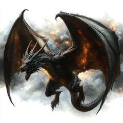 A fierce black dragon with glowing orange fiery highlights spreads its large wings and roars mid-flight amidst swirling smoky clouds and embers