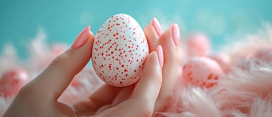 Close up of a hand with manicured nails gently holding a white egg with red speckles against a soft pink fluffy background and turquoise backdrop