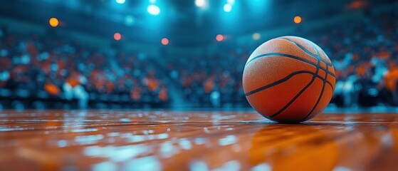 orange basketball resting on shiny wooden court under bright arena lights with blurred crowd in background