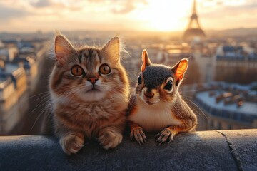 Curious cat and squirrel sitting side by side on a rooftop ledge overlooking a cityscape during sunset with warm golden light