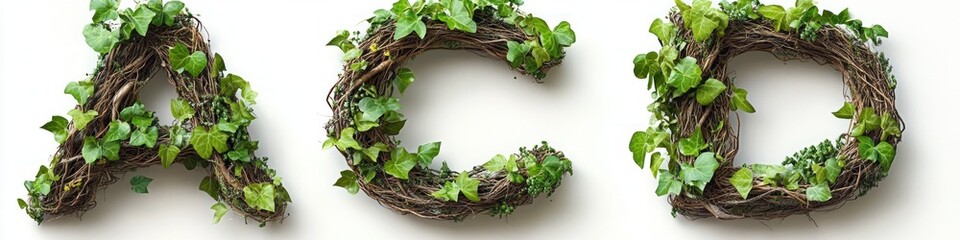 Letters A, C, and D formed from intertwined branches adorned with green ivy leaves on a white background