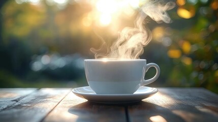 steaming cup of hot beverage on white saucer placed on wooden table with morning sunlight and blurred greenery background