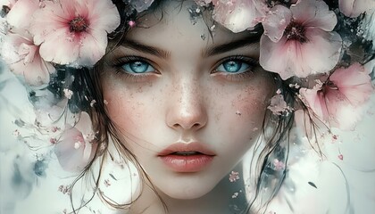 Portrait of a young woman with striking blue eyes and soft freckles wearing a delicate crown of pink flowers, radiating calm and natural beauty