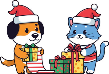 Cute cartoon dog and cat wearing santa hats with christmas gifts