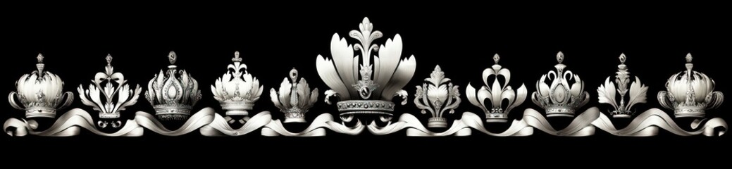 Row of eleven intricately detailed silver crowns displayed against a black background with a flowing ribbon weaving through them, evoking a sense of elegance and regality