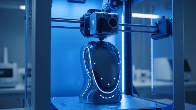3D printer manufacturing futuristic object in laboratory. Technology and innovation concept.