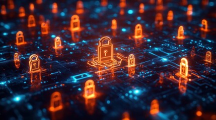 Glowing orange padlocks floating above a digital circuit board illuminated with blue lights representing cybersecurity and data protection