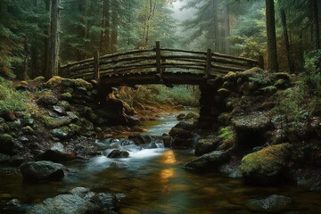 A tranquil stone and wooden bridge over a gently flowing forest stream surrounded by lush green moss and tall trees in a misty atmosphere