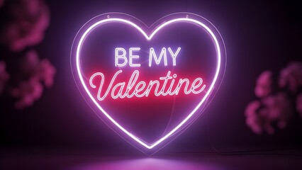 Vibrant neon 'Be My Valentine' heart sign glowing against a dark background, symbolizing love and romantic celebration.