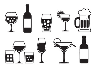 black and white drink icons set beverage graphics