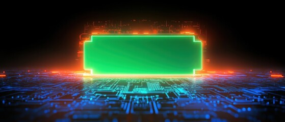 Glowing digital battery icon hovering above an intricate electronic circuit board with blue and orange light effects in a dark futuristic setting
