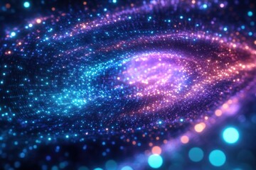 Close-up view of vibrant glowing particles swirling in a spiral pattern with blue and pink hues creating a cosmic, dynamic visual effect