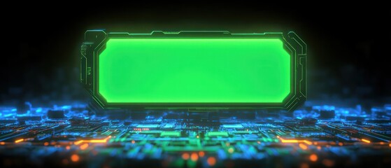 Glowing neon green futuristic holographic display screen floating above illuminated circuit board with blue and orange lights in dark environment